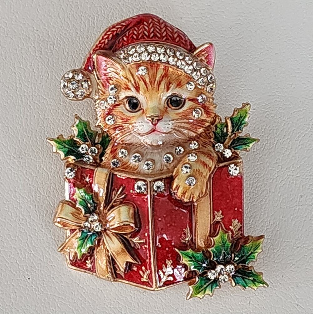 Tabby Cat Christmas Brooch Sitting in a Red Gift Box with Rhinestones Accents